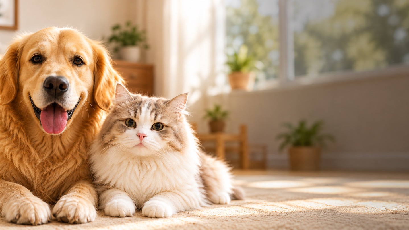 Golden retriever and cat for Quchong pet food homepage